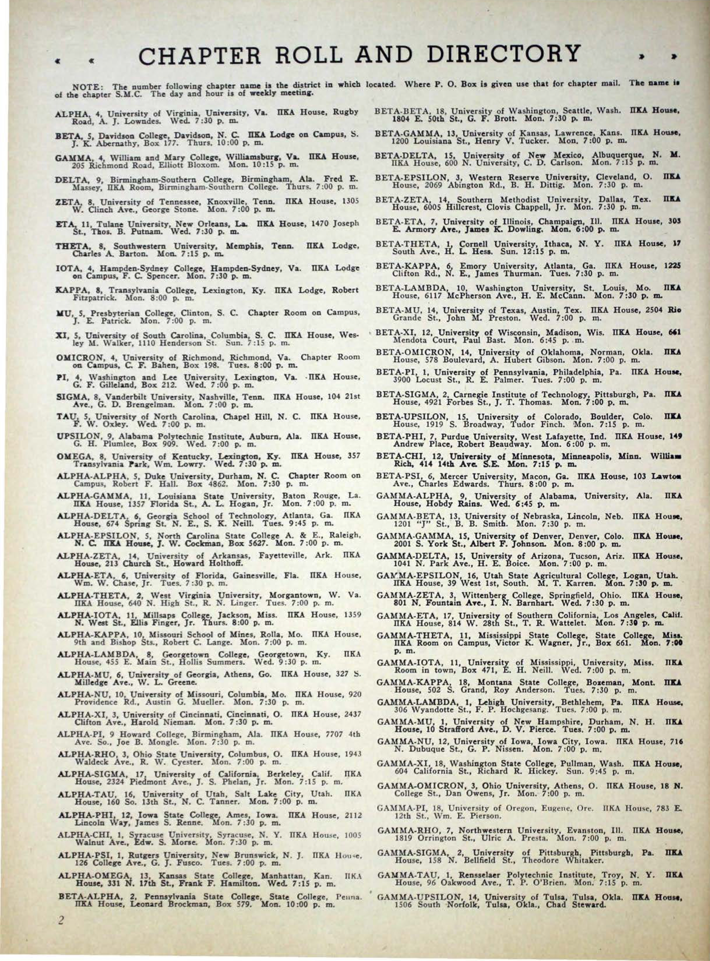 Chapter Roll And Directory, December 1936